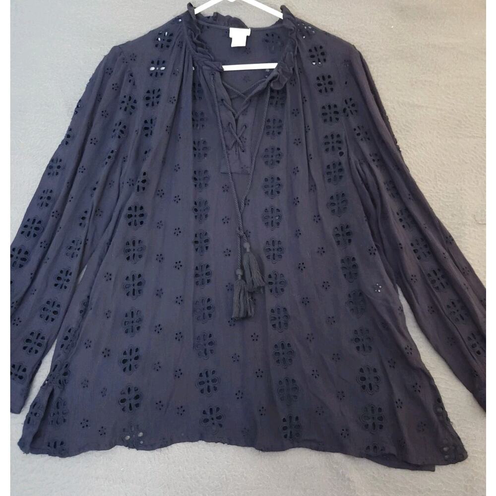Chicos Embroidered Novelty Blouse Eyelet Top Classic Navy Blue Size‎ 1 M Womens